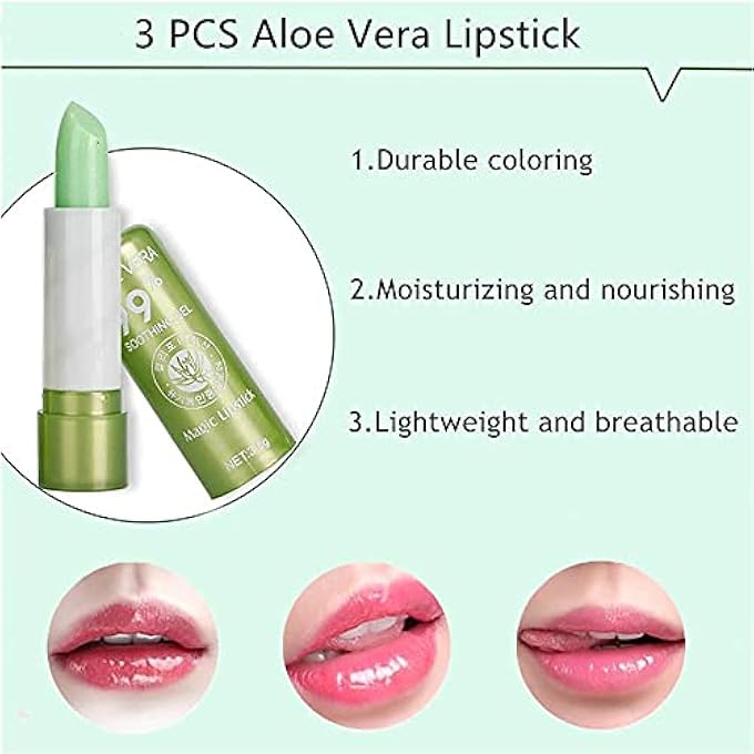 ALOE VERA LIPSTICKS, LONG LASTING MOISTURIZING LIPSTICK,MOISTURIZING LIP BALM, COLOR CHANGING LIP GLOSS LIPSTICK BEAUTY TOOL ALOE VERA LIP CARE BALM 3.5G (3PCS) - Image 3